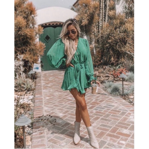Endless Rose Pants - Endless Rose Green Polka Dot Pleated Long Sleeve Wide Leg Romper with Tie Waist